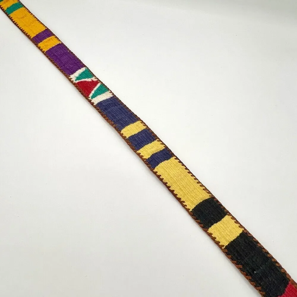 Lands' End Belt Guatemala Woven Tapestry Stamped Leather Colorful Vintage Sz 30